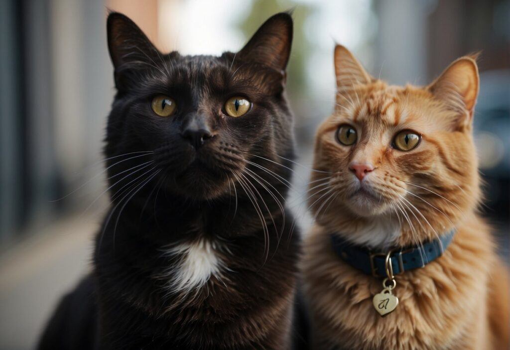 Black cat next to a ginger cat