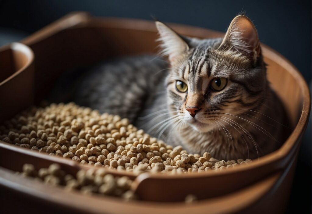 Cat Sitting in a litter box of wood pellets