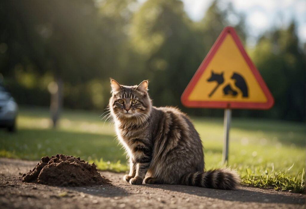 cat sitting on the road next to a pile of dirt