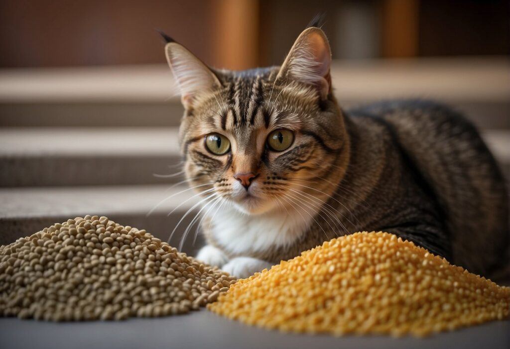 Cat sitting near pellets and cat litter