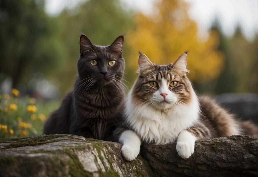 Black cat sitting next to a calico cat in the woods