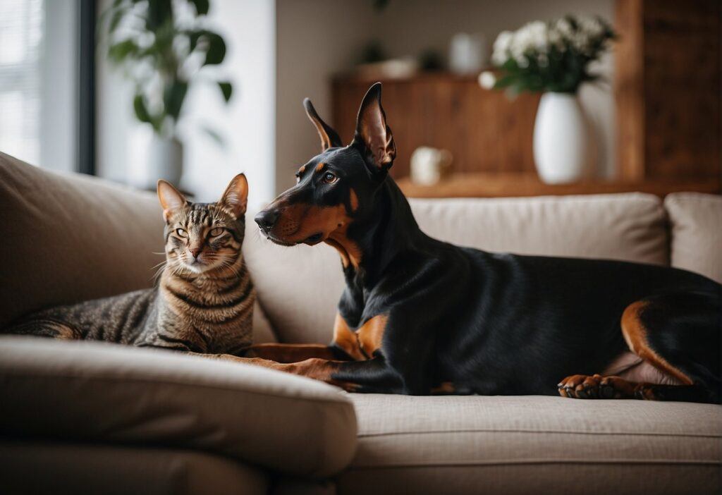 Cat and Doberman Pinscher sitting on a couch