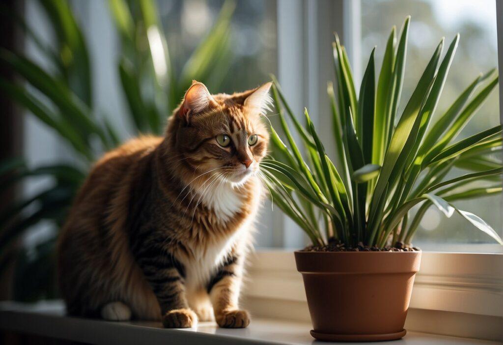 Cat Sitting Next to a Cat Palm