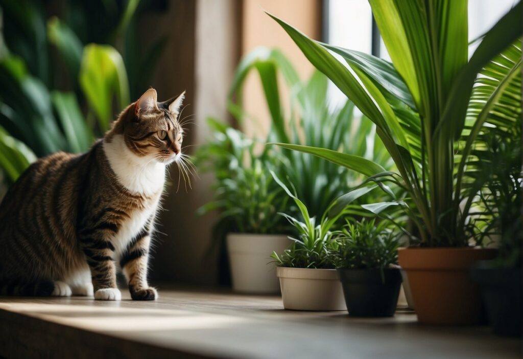 Cat next to a bunch of indoor plants