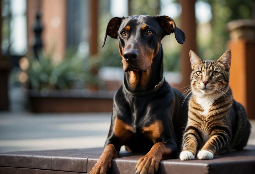 Doberman Pinscher sitting next to a cat