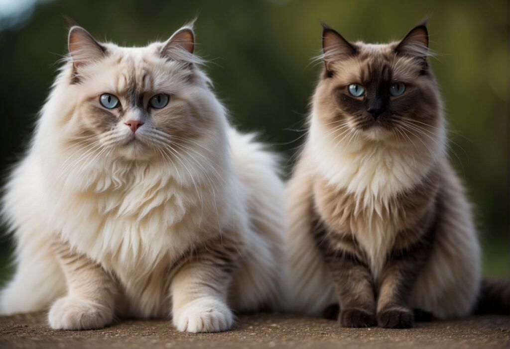 Light Ragdoll and Darker Ragdoll Cat standing side by side