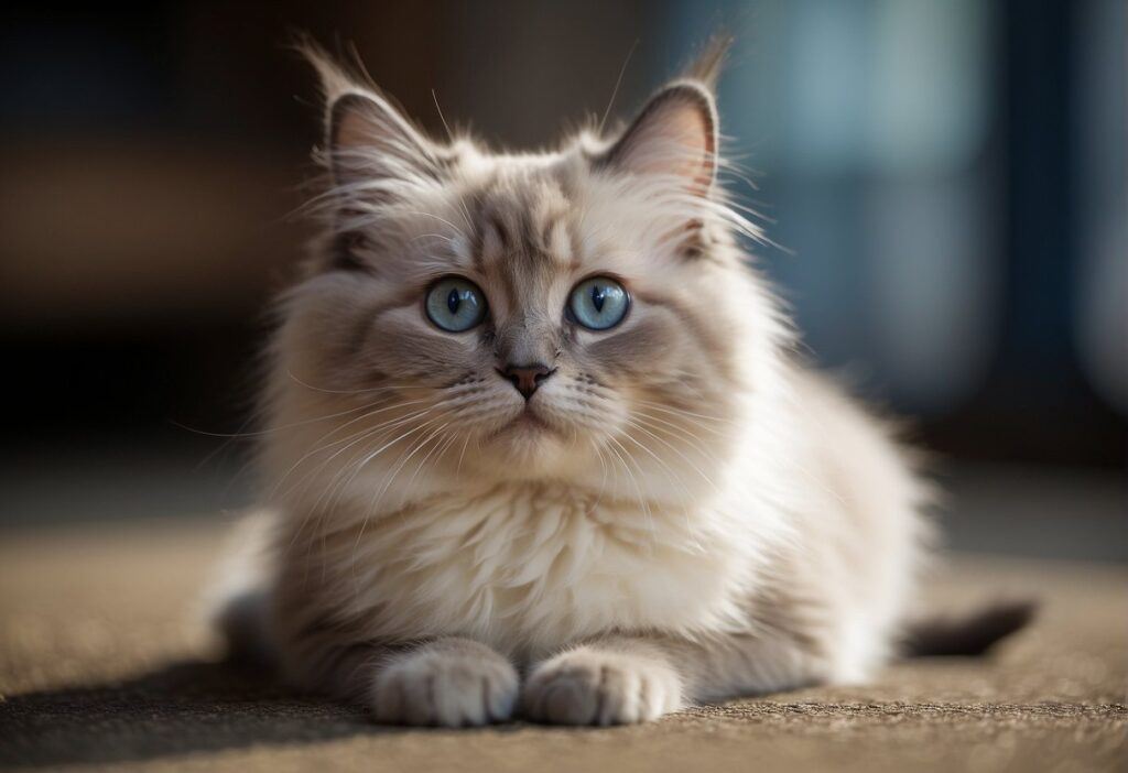 Ragdoll Kitten with blue eyes sitting with paws out front