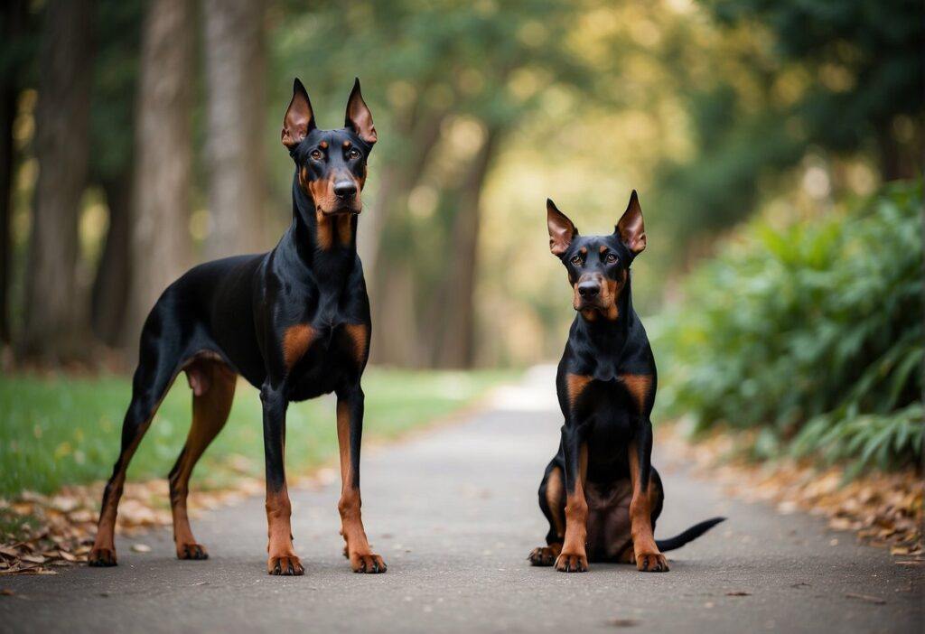 Two Dobermans one standing one sitting on a pathed walking path in the woods