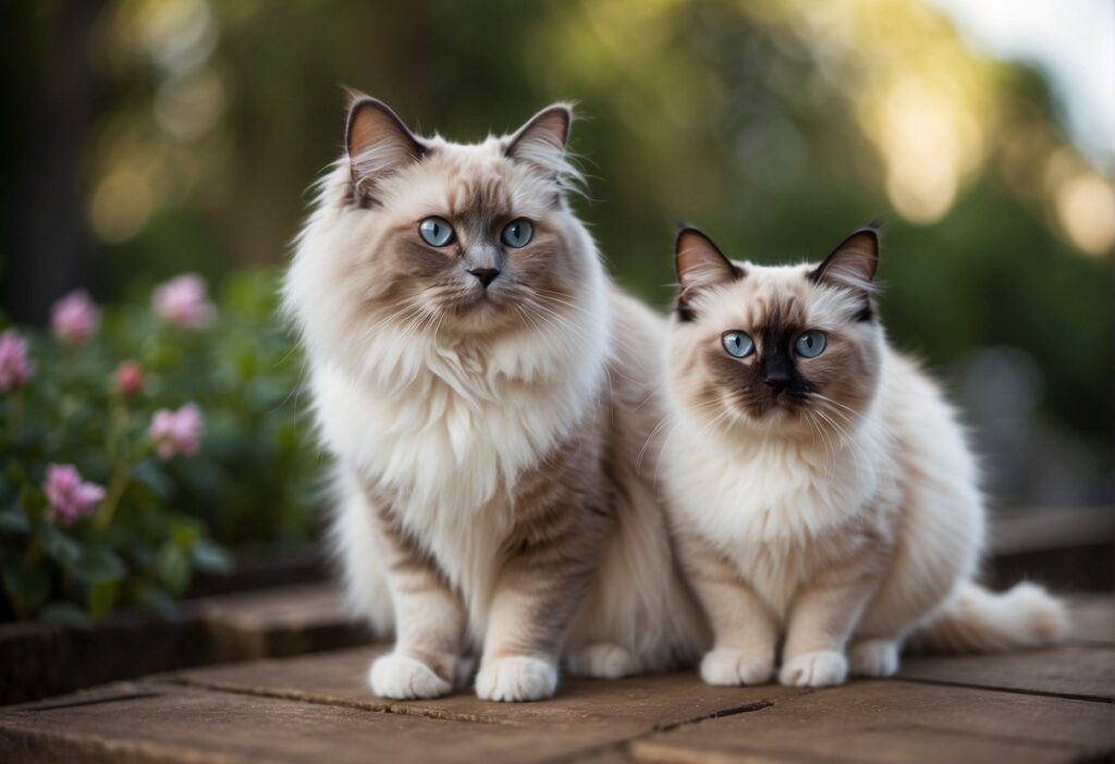 Two Ragdoll Cats with blue eyes standing outside on a sidewalk