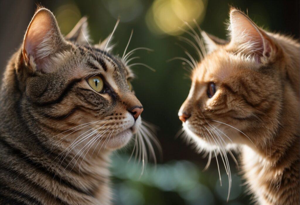 Two cats facing each other yet looking past one another