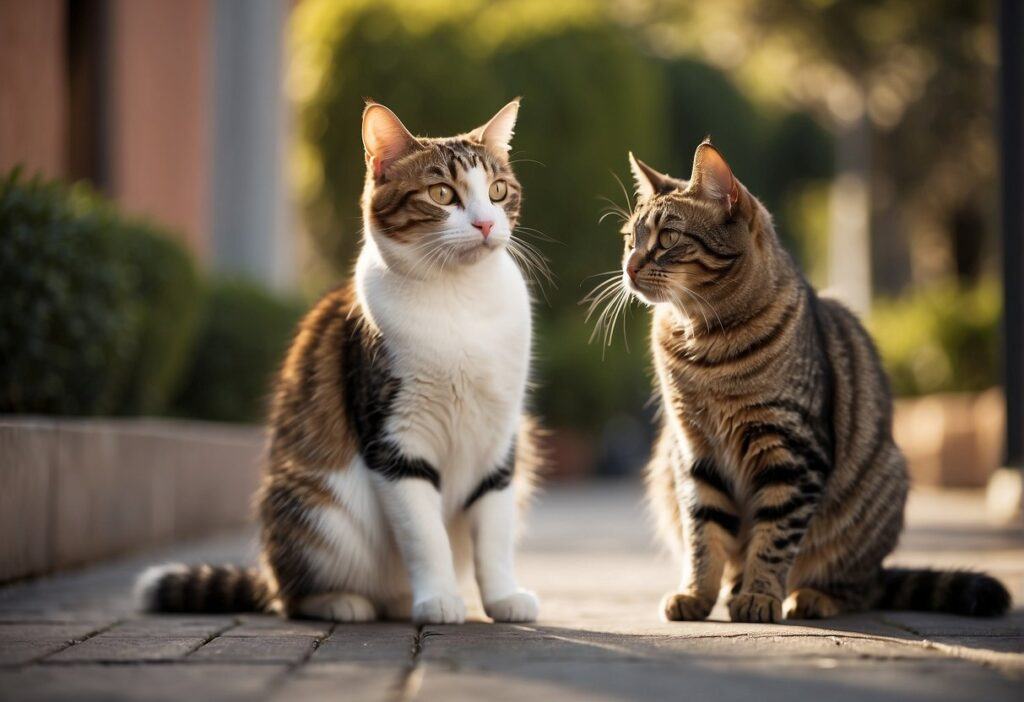 Two cats standing on a sidewalk, each facing a different direction, against an urban backdrop