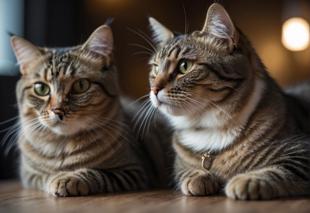 Two stripped cats sitting side by side