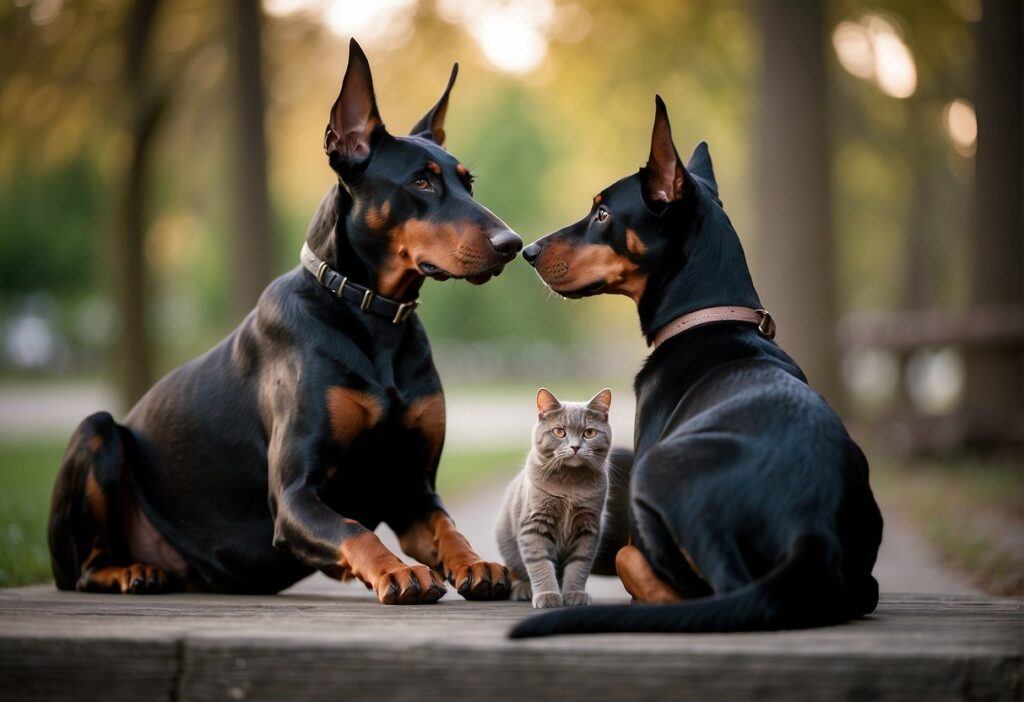 Cat Between Two Dobermans