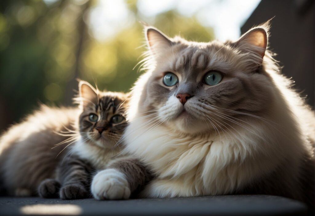 Ragdoll Kitten and Adult Ragdoll sitting next to each other