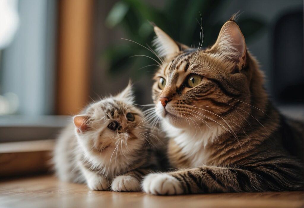 Kitten looking at an adult cat next to her