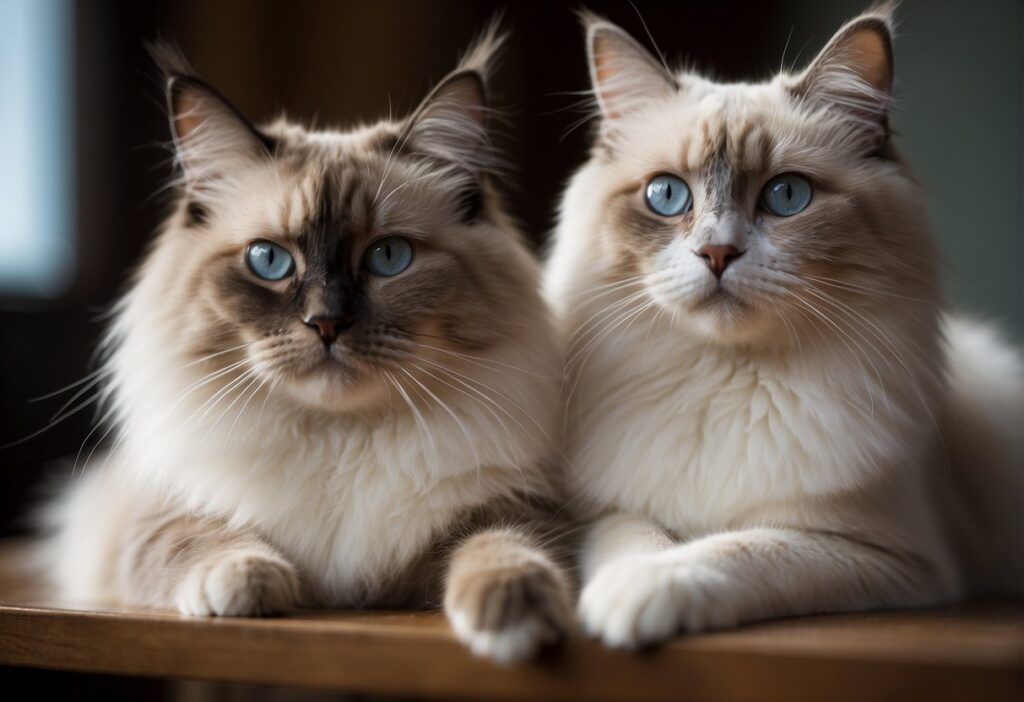 A Birman and Ragdoll Cat sitting side by side