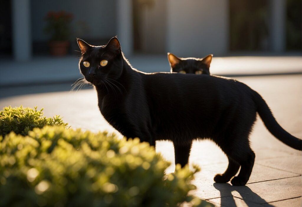 Black American Shorthair Cat standing outside