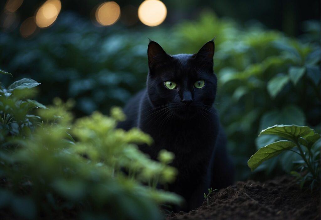 Black Cat in a garden at night