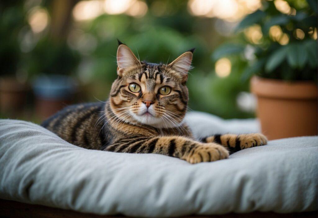 Cat lying on a grey pillow next to some plants outside