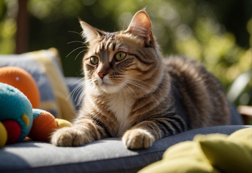 Cat sitting on a couch outside next to cat toys