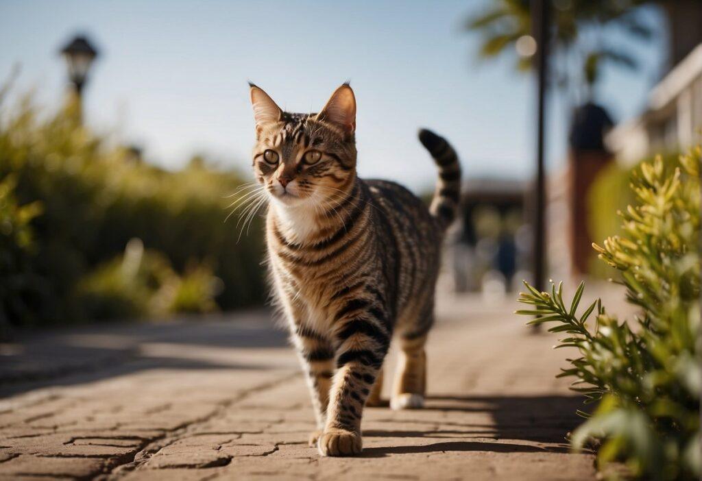 Domestic Shorthair Cat walking on a paved path