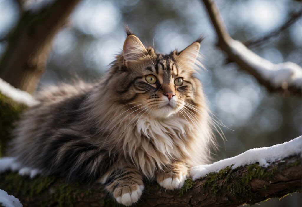 Norwegian Forest Cat Sitting on a snow covered tree branch