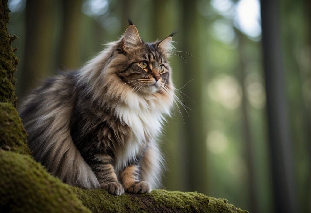 Norwegian Forest Cat Sitting on a moss covered Tree Root