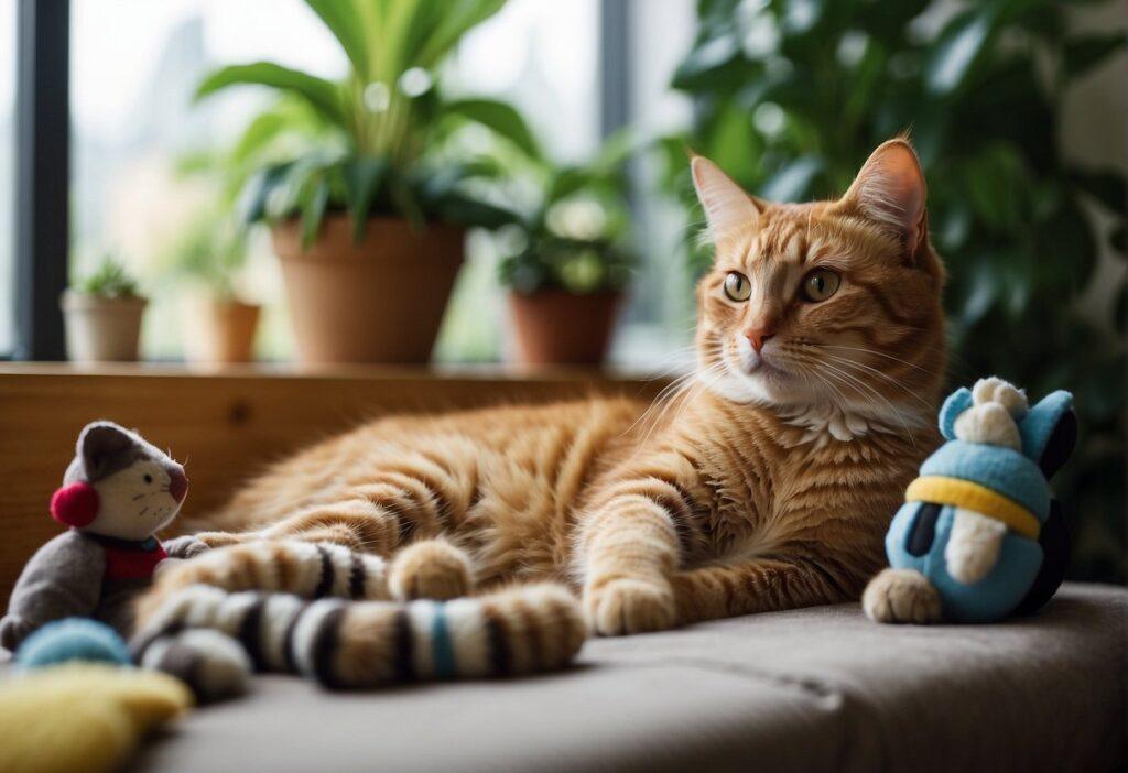 Orange cat lying on its side on a couch surrounded by toys and plants