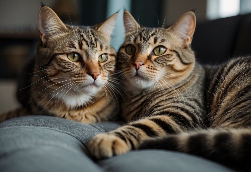 Tabby and Domestic Shorthair Cat lying on couch together