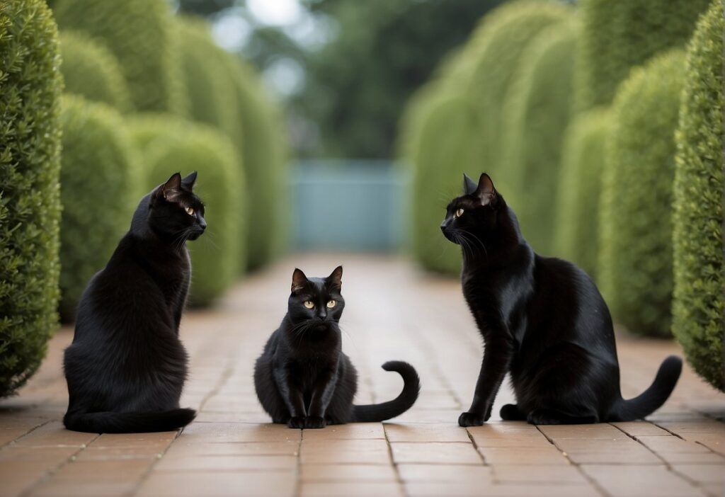 Three Cats Standing on a cobble stone walk way with green bushes