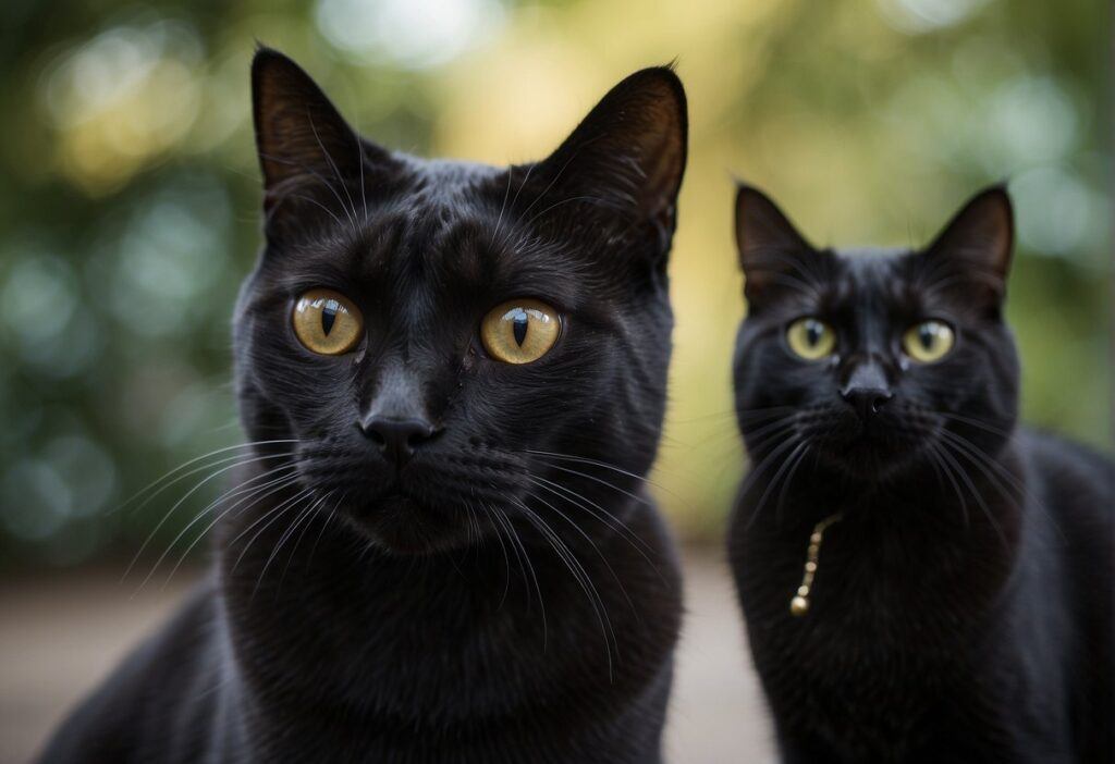 Two Black Cats standing next to each other looking at the camera