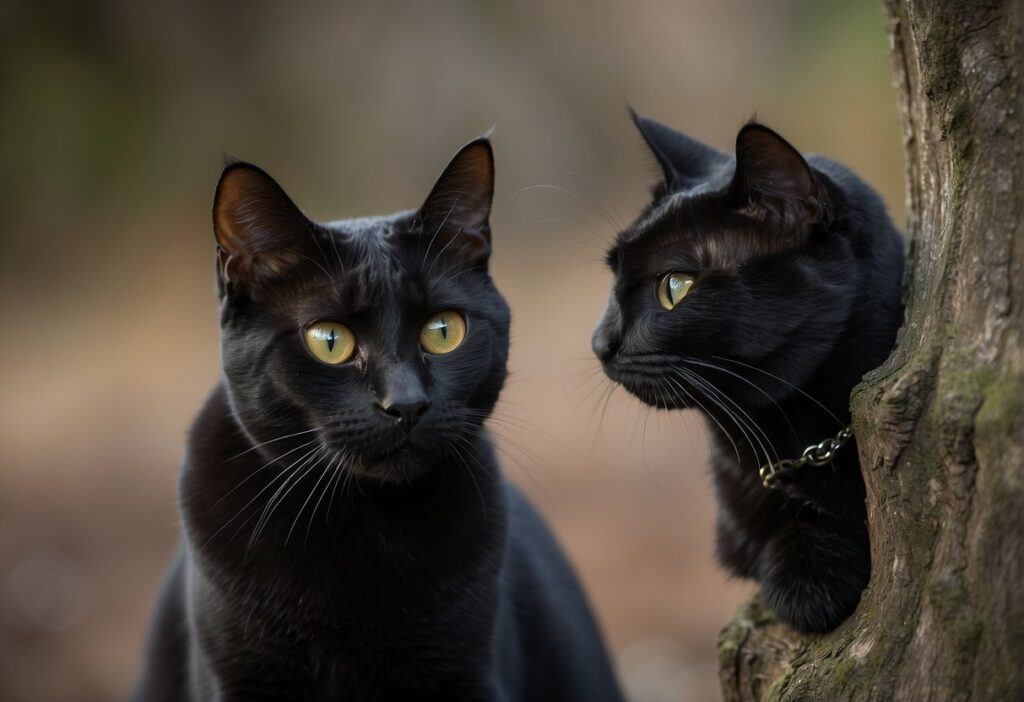 Two Black Cats next to a tree