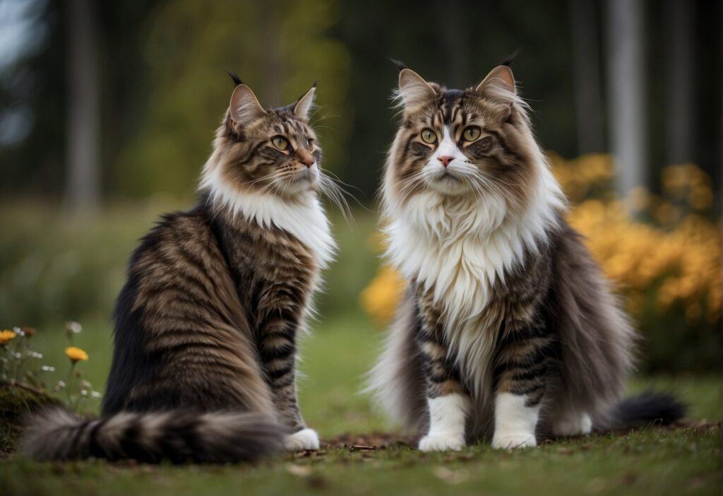 Two Norwegian Forest Cats Sitting in the woods