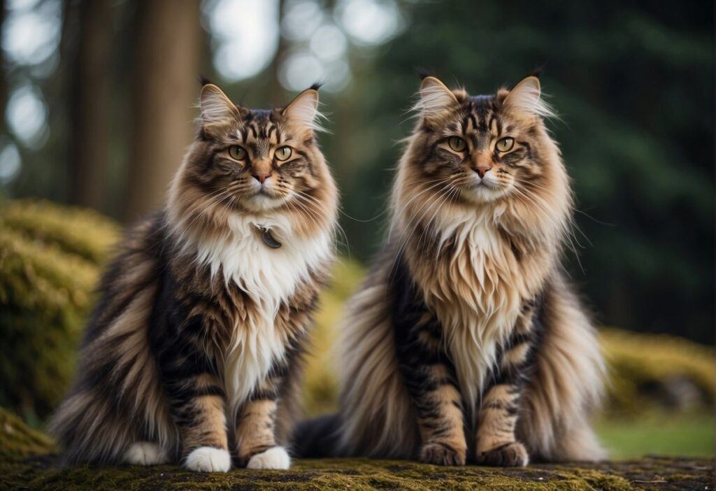 Two Norwegian Forest Cats in the woods