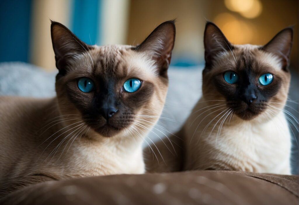 Two Siamese Cats lying on a couch