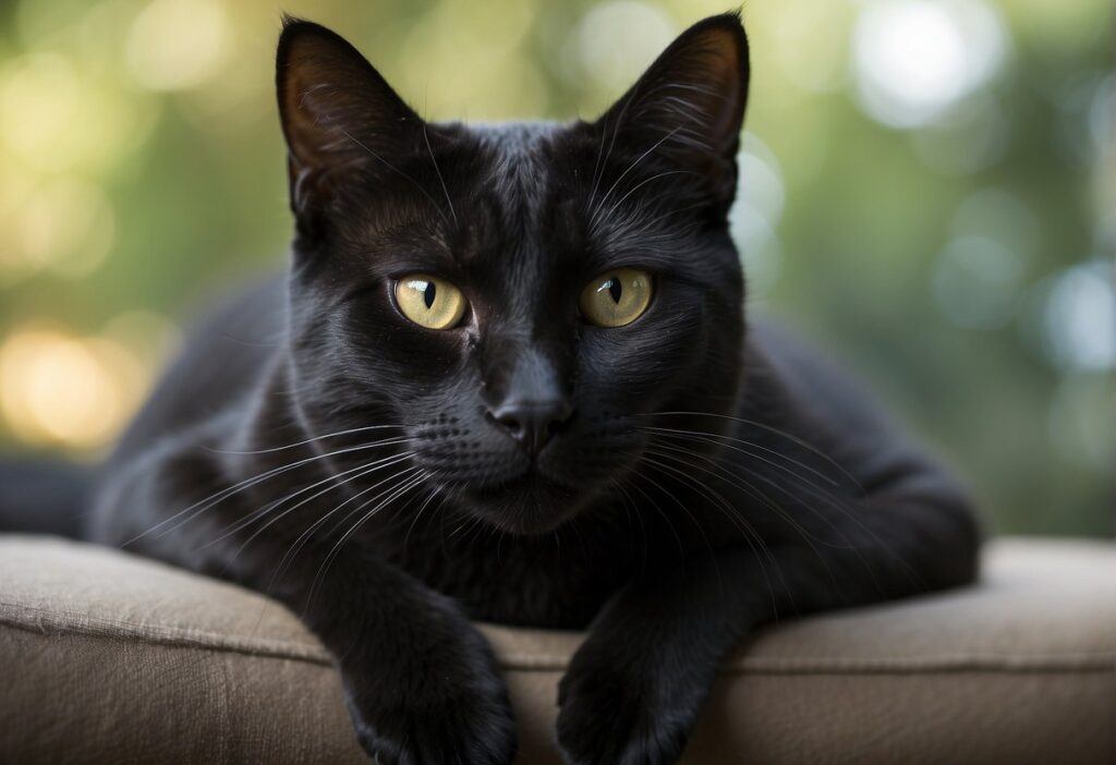 A sleek black cat lounges confidently, exuding a calm and independent demeanor, with a hint of curiosity in its bright eyes