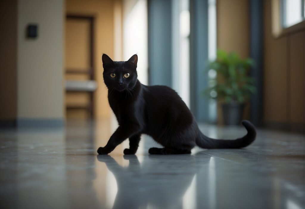A sleek black cat confidently struts through a room, its tail held high and eyes alert. It exudes an air of independence and mystery, with a hint of mischievousness in its gaze