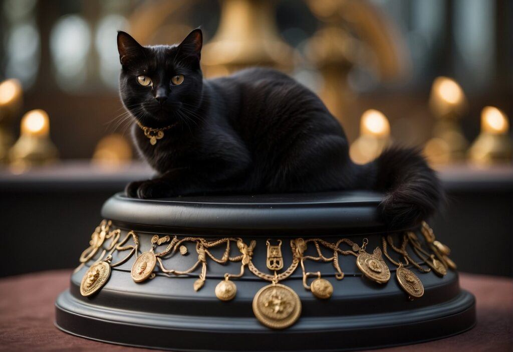 A black cat sits atop a pedestal, surrounded by symbols of cultural significance and superstitions. Its sleek fur and piercing eyes exude an air of mystery and intelligence