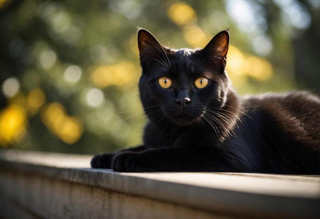 A sleek black cat with bright yellow eyes lounges lazily in a sunbeam, exuding an air of mystery and independence