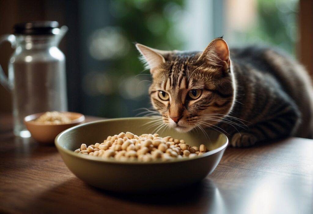 A cat eating from a bowl of plain, unseasoned food with a label indicating it is for a bland diet due to dietary sensitivities