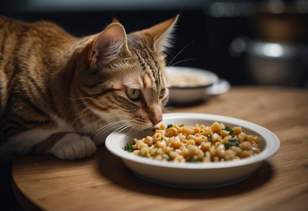 A cat eating plain, unseasoned food from a bowl