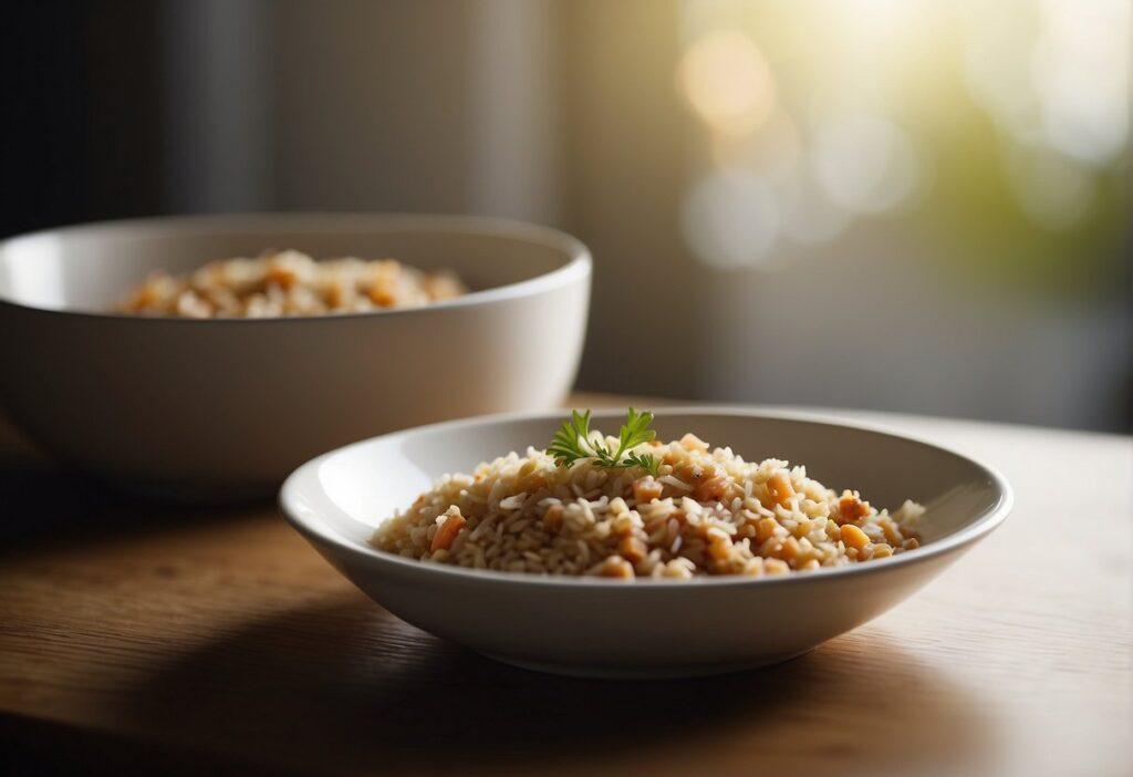 A cat's food bowl with plain, unseasoned chicken and rice, and a small dish of water, placed on a clean, empty background