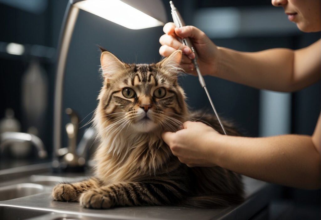 Grooming a Tabby Maine Coon Mix Cat