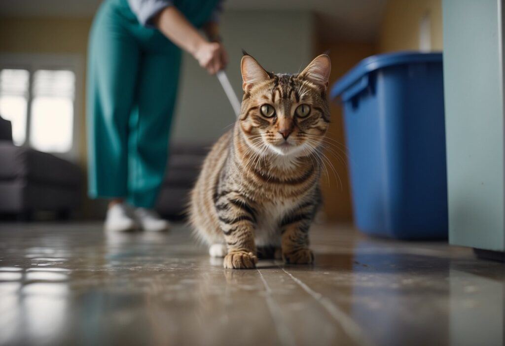 Cat avoiding litter box, owner cleaning up mess, frustrated expression, litter box nearby, post-operative care instructions visible