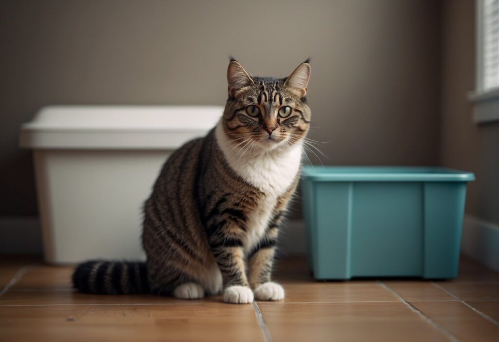 A cat sits next to a litter box, looking uncomfortable. The litter box is untouched, while the cat appears hesitant to use it