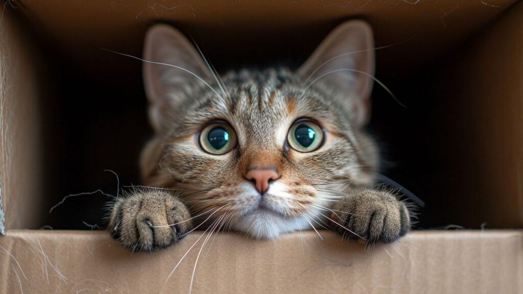 Cat peeking out of a box