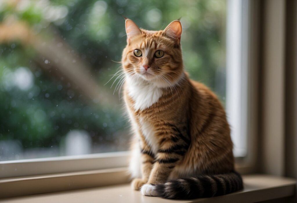 An indoor cat sits by a window, gazing longingly at the outside world. A comfortable bed, scratching post, and toys are nearby, providing stimulation and comfort