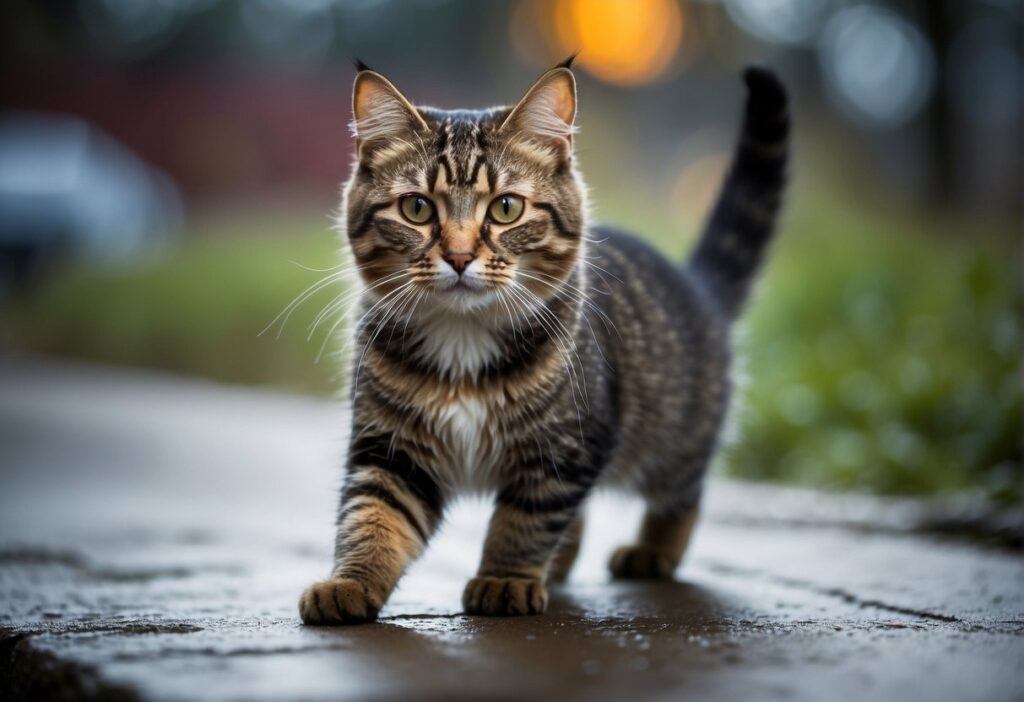 A cat walking on wet ground