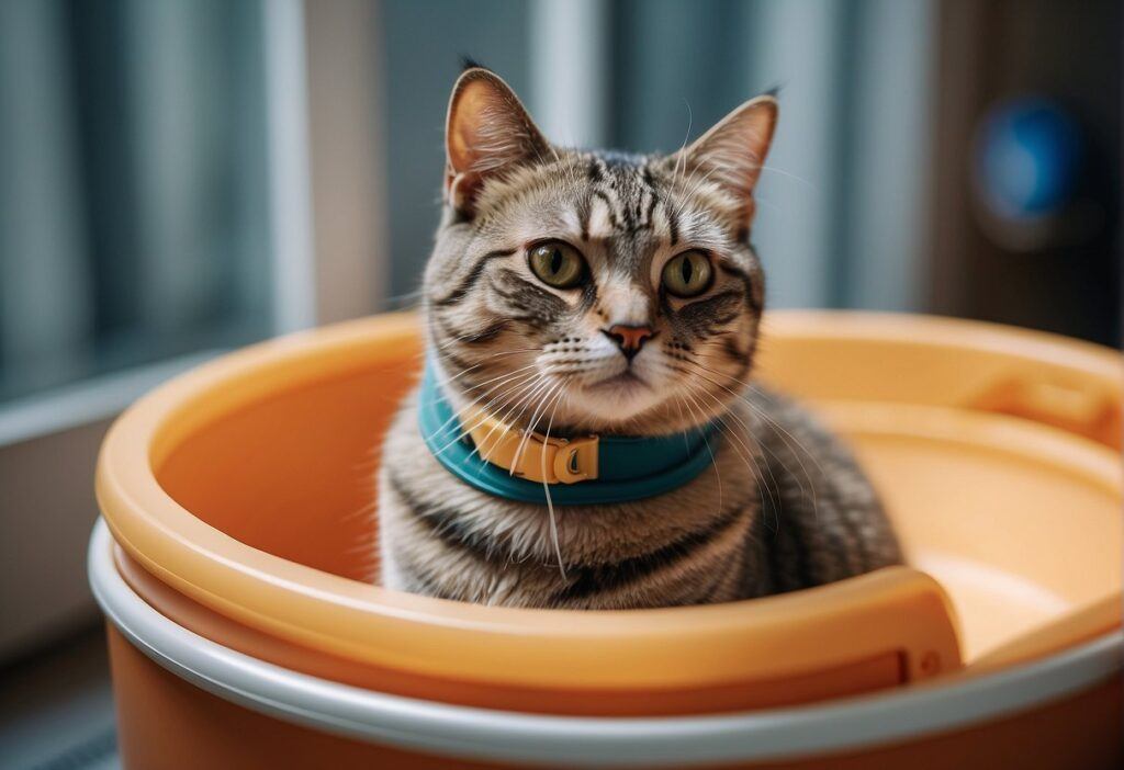 A cat with a cone around its neck avoids the litter box, instead opting for soft surfaces, after surgery