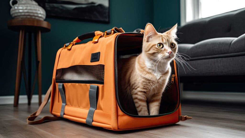 An orange pet carrier with a curious ginger cat peeking out from inside, anticipation and excitement of a veterinary visit or adventure. A pet in a pet carrier.